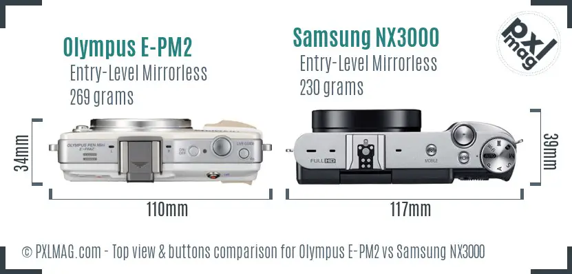 Olympus E-PM2 vs Samsung NX3000 top view buttons comparison