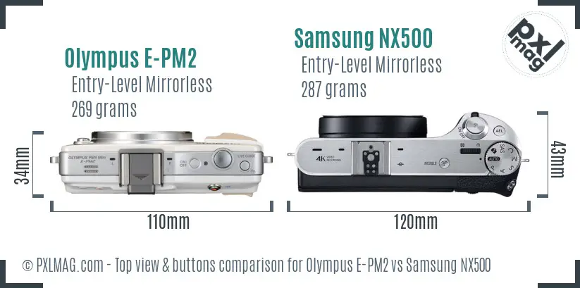 Olympus E-PM2 vs Samsung NX500 top view buttons comparison
