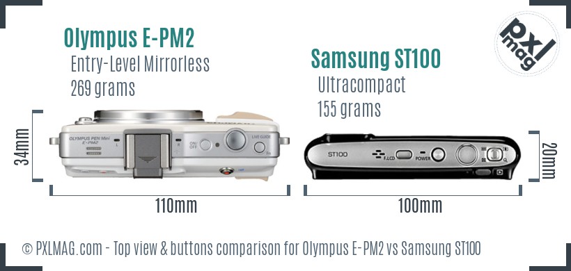 Olympus E-PM2 vs Samsung ST100 top view buttons comparison