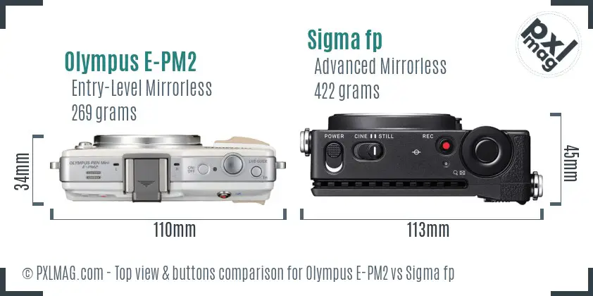 Olympus E-PM2 vs Sigma fp top view buttons comparison
