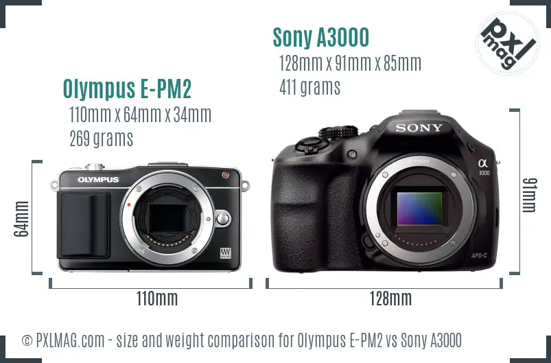Olympus E-PM2 vs Sony A3000 size comparison
