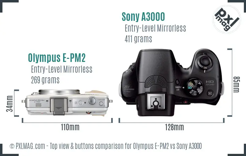Olympus E-PM2 vs Sony A3000 top view buttons comparison
