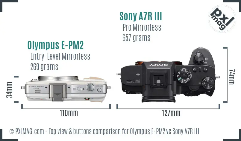 Olympus E-PM2 vs Sony A7R III top view buttons comparison