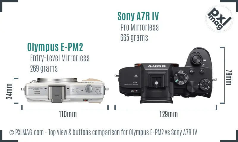 Olympus E-PM2 vs Sony A7R IV top view buttons comparison