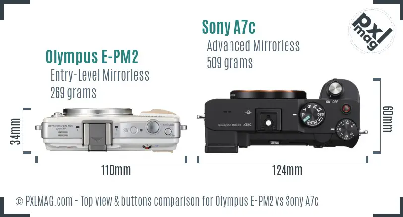 Olympus E-PM2 vs Sony A7c top view buttons comparison