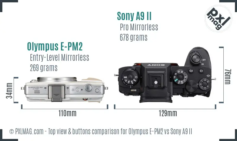Olympus E-PM2 vs Sony A9 II top view buttons comparison Olympus E-PM2 vs Sony A9 II top view buttons comparison
