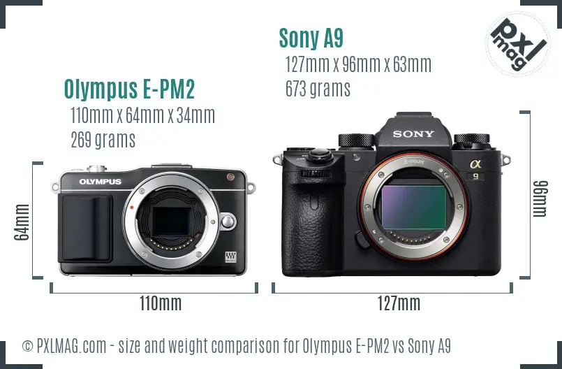Olympus E-PM2 vs Sony A9 size comparison