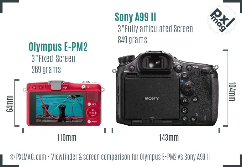 Olympus E-PM2 vs Sony A99 II Screen and Viewfinder comparison