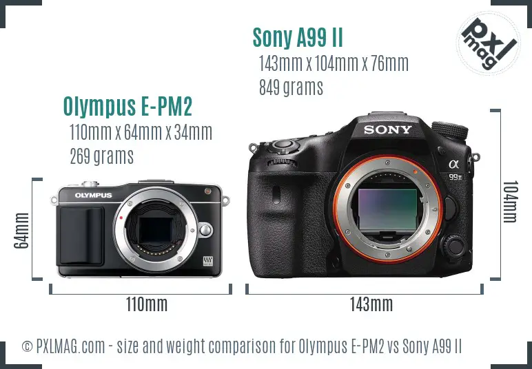 Olympus E-PM2 vs Sony A99 II size comparison