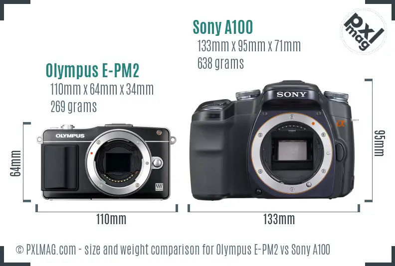 Olympus E-PM2 vs Sony A100 size comparison