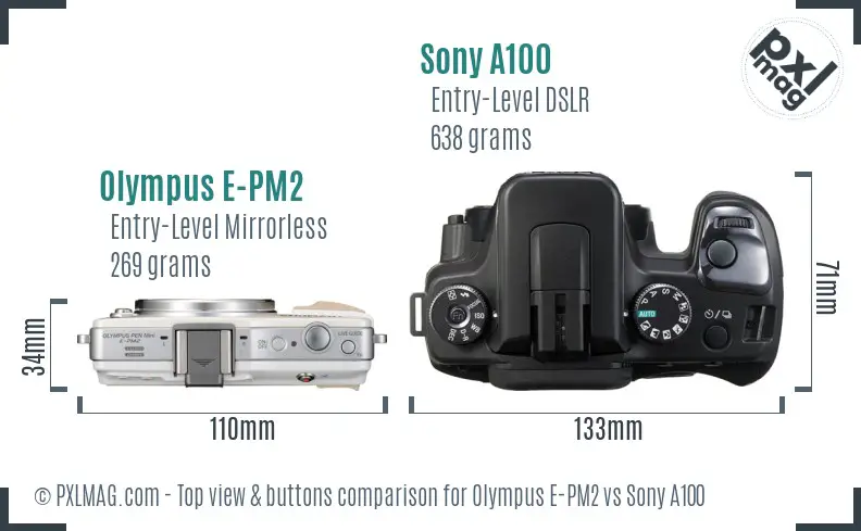 Olympus E-PM2 vs Sony A100 top view buttons comparison