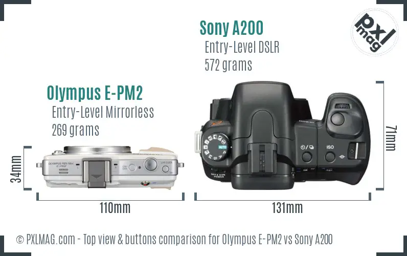 Olympus E-PM2 vs Sony A200 top view buttons comparison Olympus E-PM2 vs Sony A200 top view buttons comparison