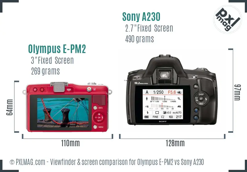 Olympus E-PM2 vs Sony A230 Screen and Viewfinder comparison