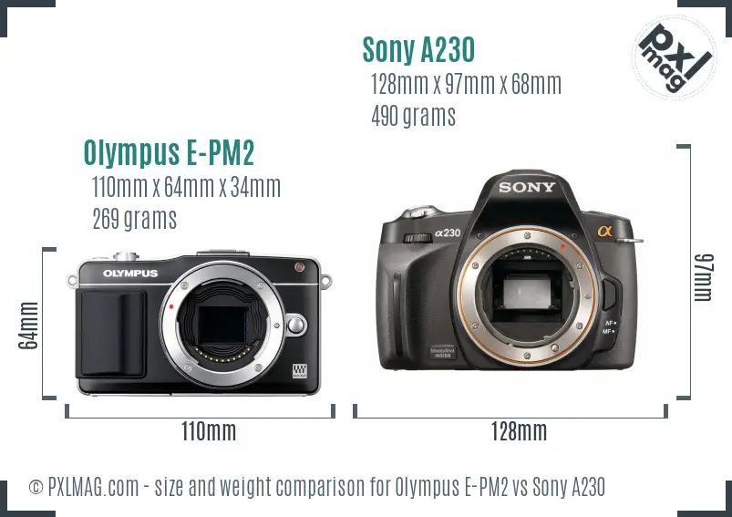 Olympus E-PM2 vs Sony A230 size comparison