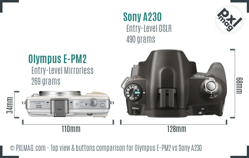 Olympus E-PM2 vs Sony A230 top view buttons comparison