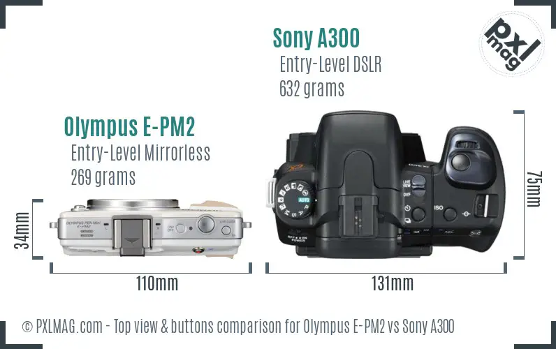 Olympus E-PM2 vs Sony A300 top view buttons comparison