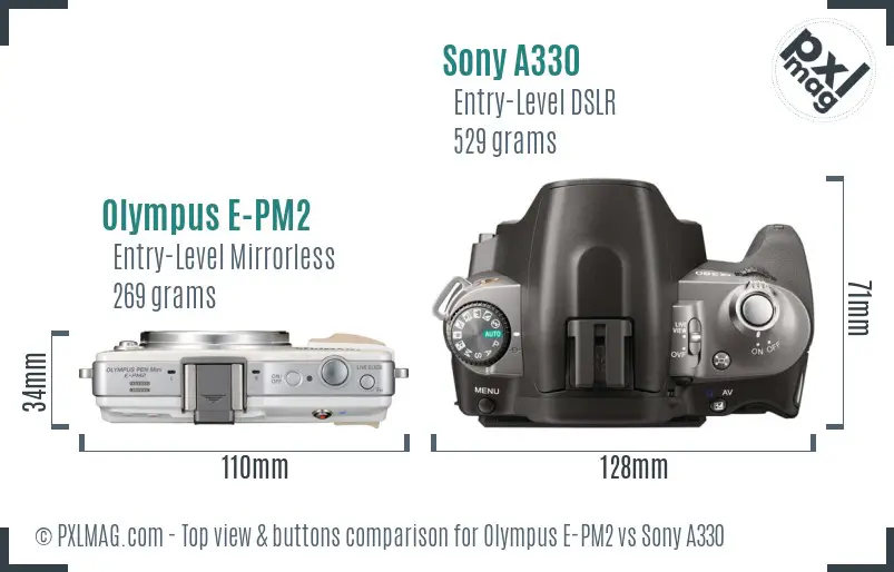 Olympus E-PM2 vs Sony A330 top view buttons comparison