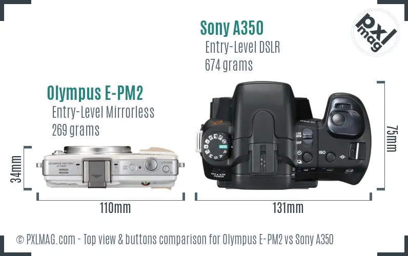 Olympus E-PM2 vs Sony A350 top view buttons comparison