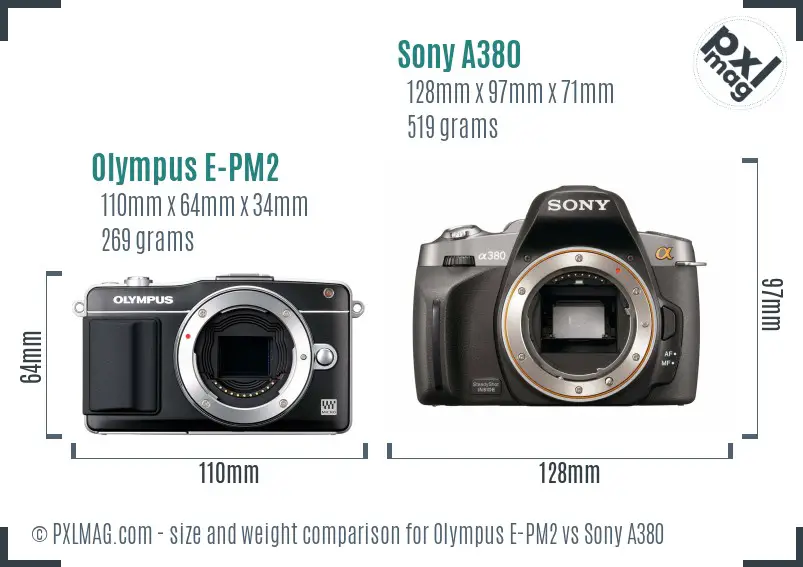 Olympus E-PM2 vs Sony A380 size comparison