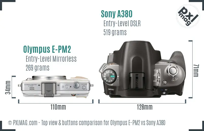 Olympus E-PM2 vs Sony A380 top view buttons comparison