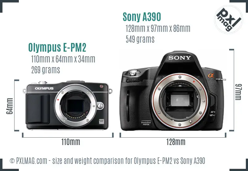 Olympus E-PM2 vs Sony A390 size comparison