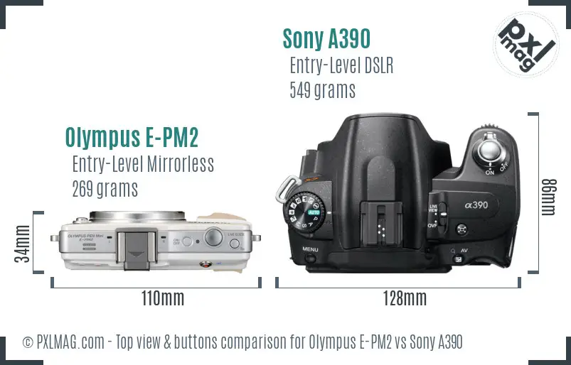 Olympus E-PM2 vs Sony A390 top view buttons comparison