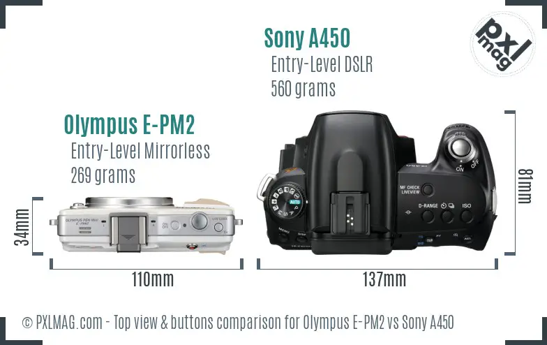 Olympus E-PM2 vs Sony A450 top view buttons comparison