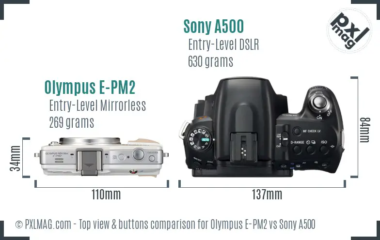 Olympus E-PM2 vs Sony A500 top view buttons comparison