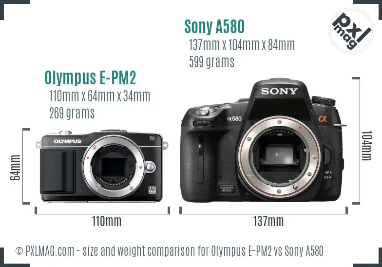 Olympus E-PM2 vs Sony A580 size comparison