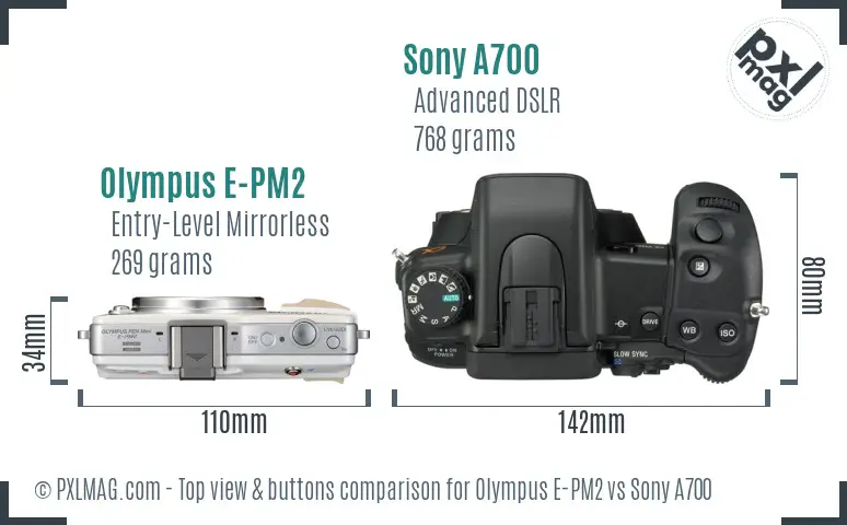 Olympus E-PM2 vs Sony A700 top view buttons comparison