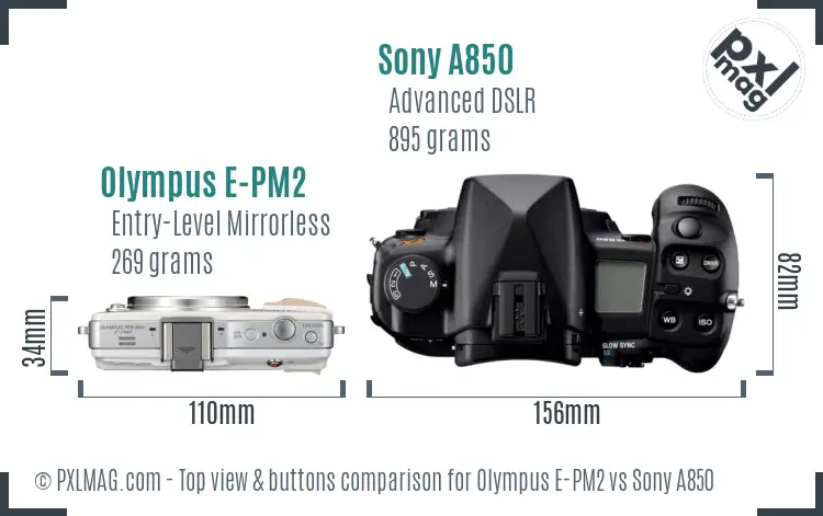 Olympus E-PM2 vs Sony A850 top view buttons comparison