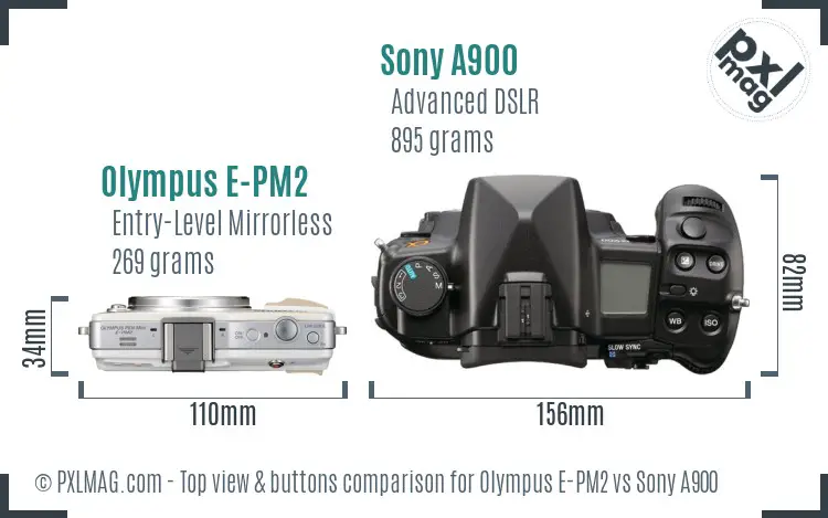 Olympus E-PM2 vs Sony A900 top view buttons comparison