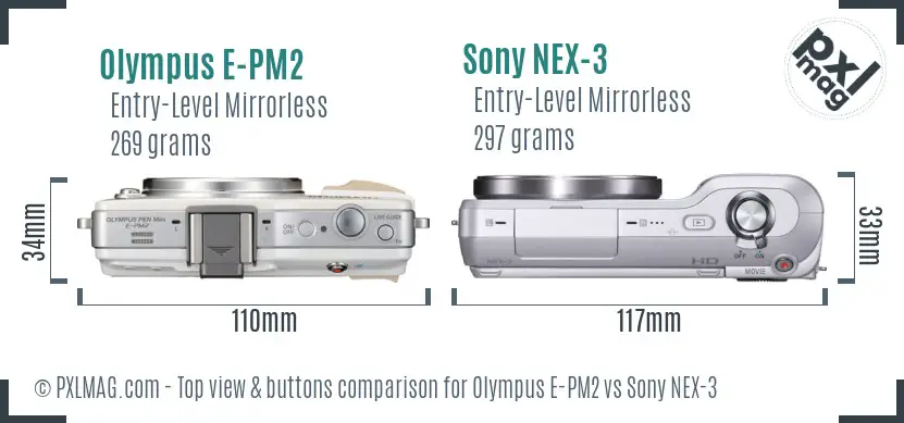 Olympus E-PM2 vs Sony NEX-3 top view buttons comparison