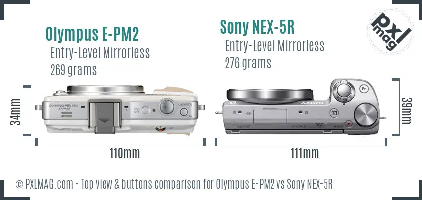 Olympus E-PM2 vs Sony NEX-5R top view buttons comparison
