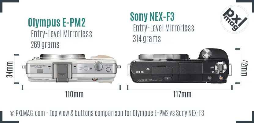 Olympus E-PM2 vs Sony NEX-F3 top view buttons comparison