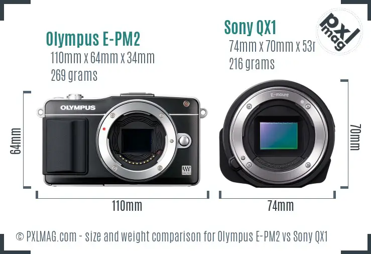 Olympus E-PM2 vs Sony QX1 size comparison