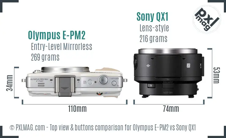 Olympus E-PM2 vs Sony QX1 top view buttons comparison