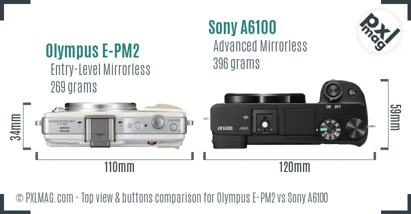 Olympus E-PM2 vs Sony A6100 top view buttons comparison