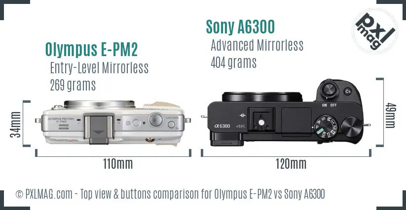 Olympus E-PM2 vs Sony A6300 top view buttons comparison