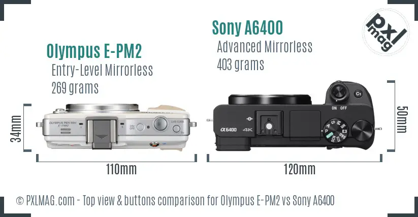 Olympus E-PM2 vs Sony A6400 top view buttons comparison