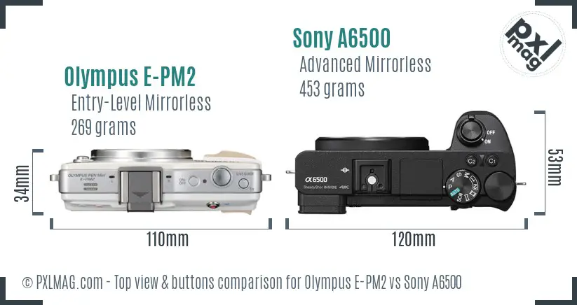 Olympus E-PM2 vs Sony A6500 top view buttons comparison