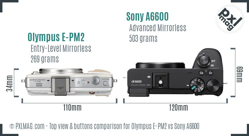 Olympus E-PM2 vs Sony A6600 top view buttons comparison