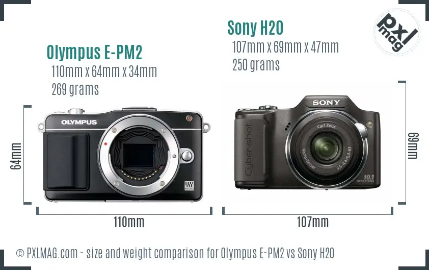 Olympus E-PM2 vs Sony H20 size comparison