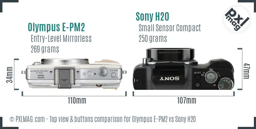Olympus E-PM2 vs Sony H20 top view buttons comparison