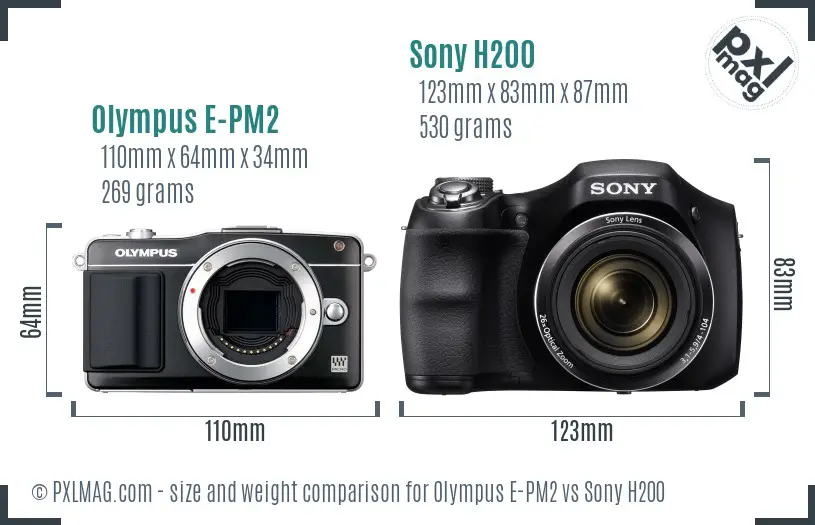 Olympus E-PM2 vs Sony H200 size comparison