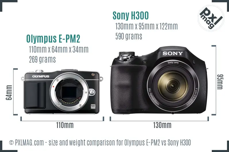 Olympus E-PM2 vs Sony H300 size comparison