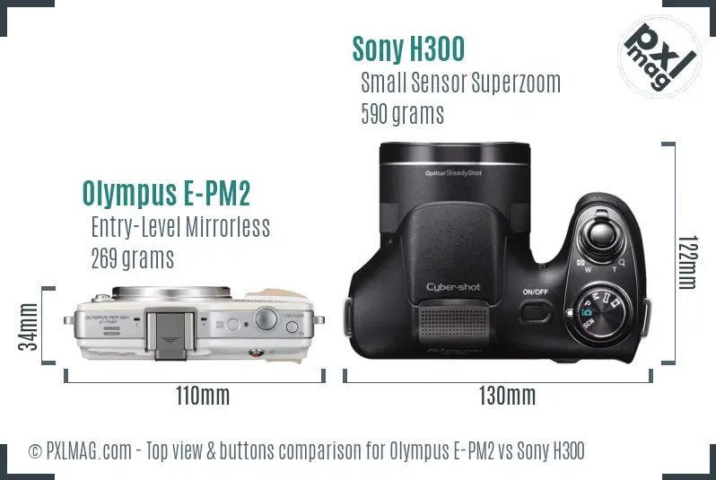 Olympus E-PM2 vs Sony H300 top view buttons comparison