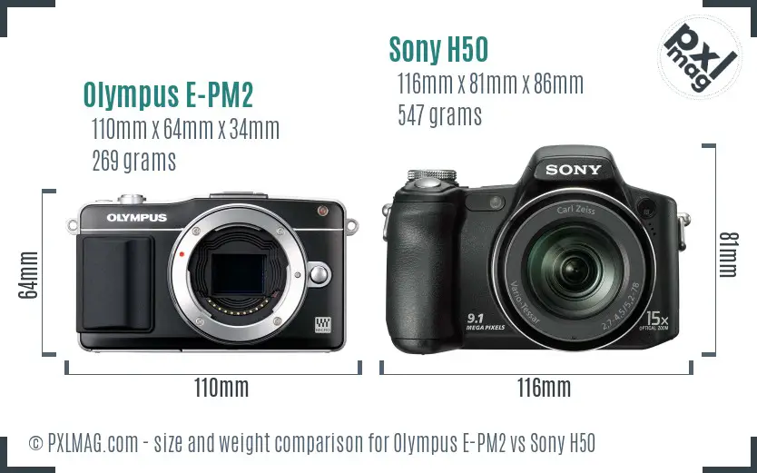 Olympus E-PM2 vs Sony H50 size comparison