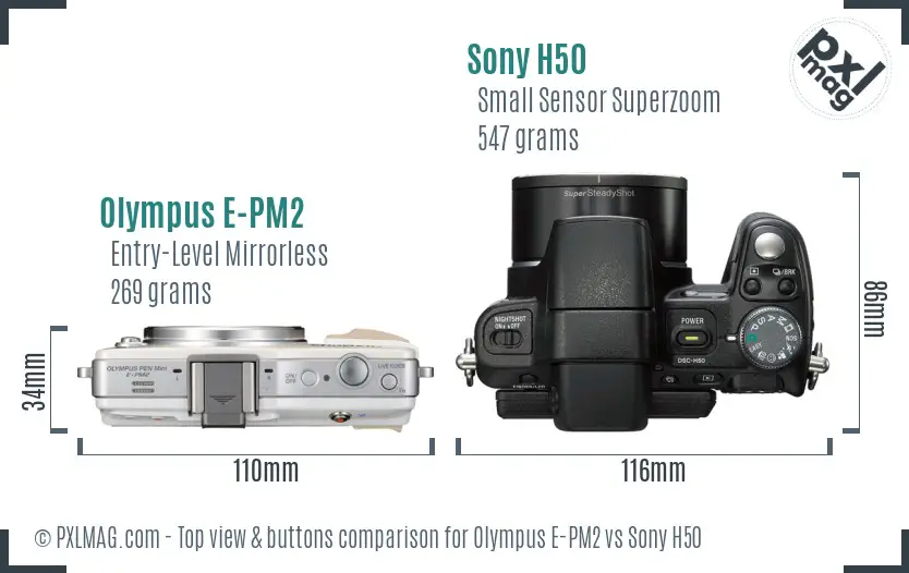 Olympus E-PM2 vs Sony H50 top view buttons comparison