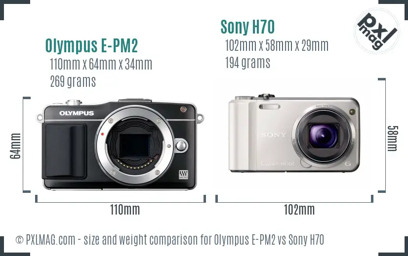 Olympus E-PM2 vs Sony H70 size comparison